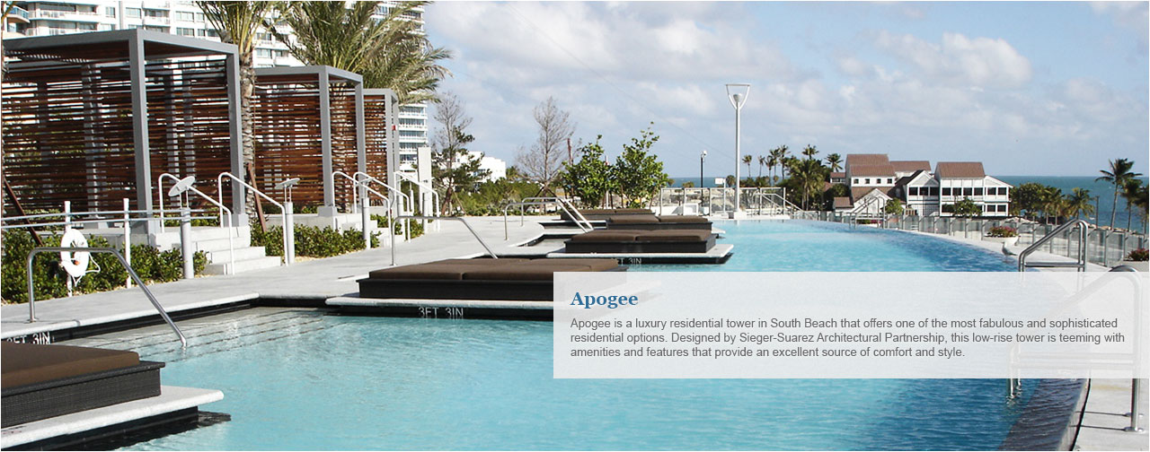 Apogee is a luxury residential tower in South Beach that offers one of the most fabulous and sophisticated residential options. Designed by Sieger-Suarez Architectural Partnership, this low-rise tower is teeming with amenities and features that provide an excellent source of comfort and style.
